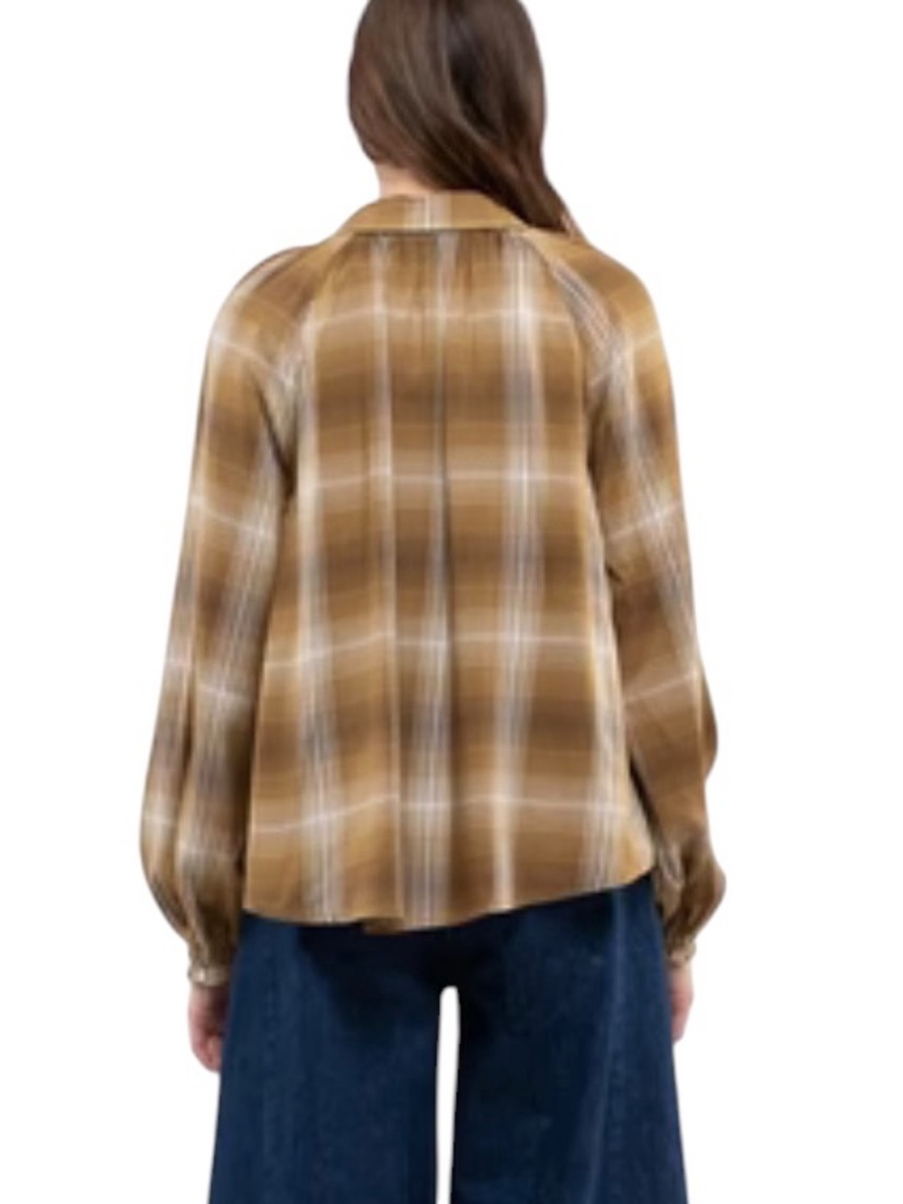 Blu Pepper Plaid Button-Down smocked peasant casual Shirt Tan Cream size small - Picture 4 of 12